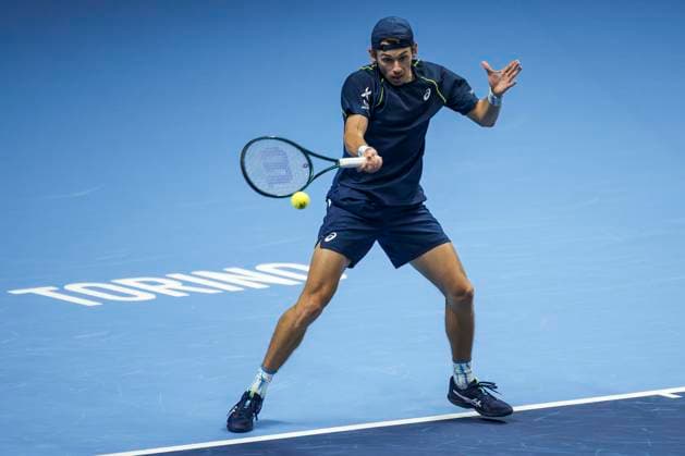 Nitto ATP, Tennis Herren Finals - Day Three Alex de Minaur of Australia plays a forehand during his round robin singles match against Daniil Medvedev of Russia during day three of the Nitto ATP Finals. Daniil Medvedev won the match 6-2, 6-4. Turin Italy Copyright: xNicolòxCampox