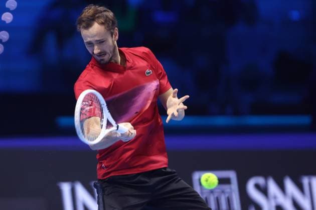 Daniil Medvedev vs Alex De Minaur Daniil Medvedev of Russia in action during the Round Robin singles match between Daniil Medvedev of Russia and Alex De Minaur of Australia on Day three of the Nitto ATP, Tennis Herren finals 2024 at Inalpi Arena on November 12, 2024 in Turin, Italy. Torino Inalpi Arena Italy Copyright: xMarcoxCanonierox
