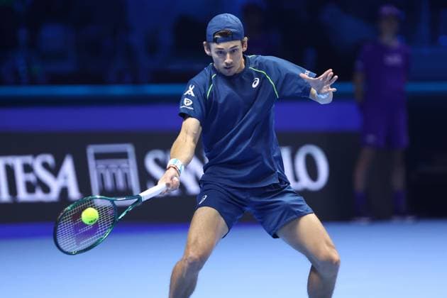 Daniil Medvedev vs Alex De Minaur Alex De Minaur of Australia in action during the Round Robin singles match between Daniil Medvedev of Russia and Alex De Minaur of Australia on Day three of the Nitto ATP, Tennis Herren finals 2024 at Inalpi Arena on November 12, 2024 in Turin, Italy. Torino Inalpi Arena Italy Copyright: xMarcoxCanonierox