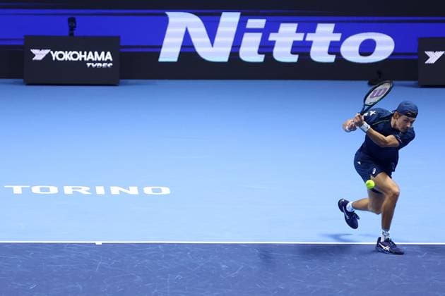 Daniil Medvedev vs Alex De Minaur Alex De Minaur of Australia in action during the Round Robin singles match between Daniil Medvedev of Russia and Alex De Minaur of Australia on Day three of the Nitto ATP, Tennis Herren finals 2024 at Inalpi Arena on November 12, 2024 in Turin, Italy. Torino Inalpi Arena Italy Copyright: xMarcoxCanonierox