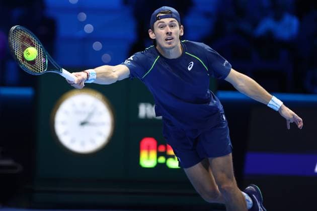 Daniil Medvedev vs Alex De Minaur Alex De Minaur of Australia in action during the Round Robin singles match between Daniil Medvedev of Russia and Alex De Minaur of Australia on Day three of the Nitto ATP, Tennis Herren finals 2024 at Inalpi Arena on November 12, 2024 in Turin, Italy. Torino Inalpi Arena Italy Copyright: xMarcoxCanonierox