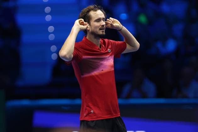 Daniil Medvedev vs Alex De Minaur Daniil Medvedev of Russia celebrates at the end of the Round Robin singles match between Daniil Medvedev of Russia and Alex De Minaur of Australia on Day three of the Nitto ATP, Tennis Herren finals 2024 at Inalpi Arena on November 12, 2024 in Turin, Italy. Torino Inalpi Arena Italy Copyright: xMarcoxCanonierox