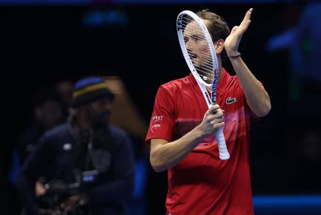 Daniil Medvedev vs Alex De Minaur Daniil Medvedev of Russia celebrates at the end of the Round Robin singles match between Daniil Medvedev of Russia and Alex De Minaur of Australia on Day three of the Nitto ATP, Tennis Herren finals 2024 at Inalpi Arena on November 12, 2024 in Turin, Italy. Torino Inalpi Arena Italy Copyright: xMarcoxCanonierox