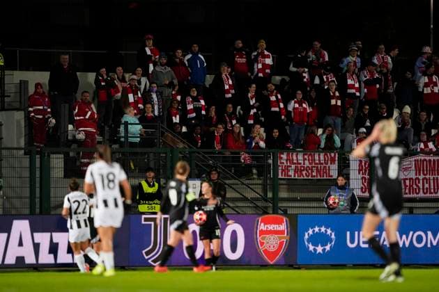 Arsenal Women fans during the UEFA Women s Champions League soccer match between Juventus Women and Arsenal Women Football Club at the Stadium Comunale Vittorio Pozzo La Marmora in Biella, north west Italy -Group C - 3 6 - November 12, 2024. - Soccer.  Copyright: xFabioxFerrari LaPressex
