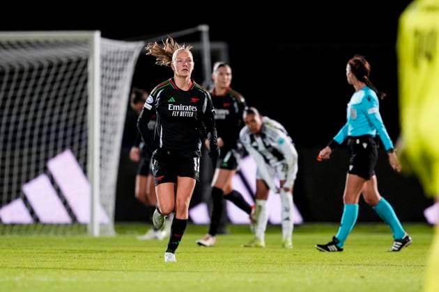 Arsenal Women s Frida Leonhardsen Maanum celebrates after scoring the 1-0 goal for his team during the UEFA Women s Champions League soccer match between Juventus Women and Arsenal Women Football Club at the Stadium Comunale Vittorio Pozzo La Marmora in Biella, north west Italy -Group C - 3 6 - November 12, 2024. - Soccer.  Copyright: xFabioxFerrari LaPressex