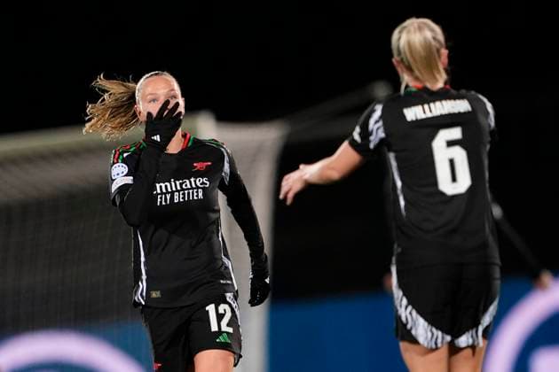 Arsenal Women s Frida Leonhardsen Maanum celebrates after scoring the 1-0 goal for his team during the UEFA Women s Champions League soccer match between Juventus Women and Arsenal Women Football Club at the Stadium Comunale Vittorio Pozzo La Marmora in Biella, north west Italy -Group C - 3 6 - November 12, 2024. - Soccer.  Copyright: xFabioxFerrari LaPressex