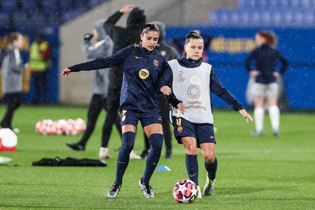 November 12, 2024, Sant Joan Despi, Barcelona, Spain: Claudia Pina and Jana Fernandez of FC Barcelona, Barca Femenino warm up during the UEFA Women s Champions League 2024 25 Group Stage MD3, football match played between FC Barcelona and SKN St. Polten at Johan Cruyff Stadium on November 12, 2024 in Sant Joan Despi, Spain. Sant Joan Despi Spain - ZUMAa181 20241112_zaa_a181_058 Copyright: xJavierxBorregox