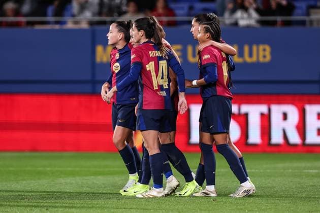 November 12, 2024, Sant Joan Despi, Barcelona, Spain: Ewa Pajor of FC Barcelona, Barca Femenino celebrates a goal with her teammates during the UEFA Women s Champions League 2024 25 Group Stage MD3, football match played between FC Barcelona and SKN St. Polten at Johan Cruyff Stadium on November 12, 2024 in Sant Joan Despi, Spain. Sant Joan Despi Spain - ZUMAa181 20241112_zaa_a181_066 Copyright: xJavierxBorregox