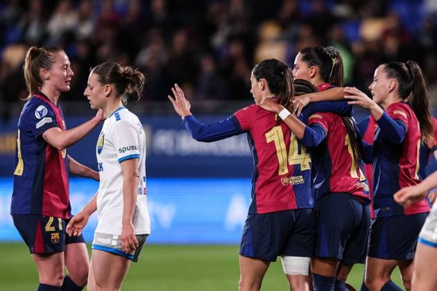 November 12, 2024, Sant Joan Despi, Barcelona, Spain: Kika Nazareth of FC Barcelona, Barca Femenino celebrates a goal with her teammates during the UEFA Women s Champions League 2024 25 Group Stage MD3, football match played between FC Barcelona and SKN St. Polten at Johan Cruyff Stadium on November 12, 2024 in Sant Joan Despi, Spain. Sant Joan Despi Spain - ZUMAa181 20241112_zaa_a181_071 Copyright: xJavierxBorregox