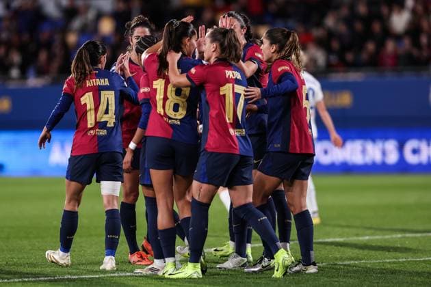 November 12, 2024, Sant Joan Despi, Barcelona, Spain: Kika Nazareth of FC Barcelona, Barca Femenino celebrates a goal with her teammates during the UEFA Women s Champions League 2024 25 Group Stage MD3, football match played between FC Barcelona and SKN St. Polten at Johan Cruyff Stadium on November 12, 2024 in Sant Joan Despi, Spain. Sant Joan Despi Spain - ZUMAa181 20241112_zaa_a181_073 Copyright: xJavierxBorregox