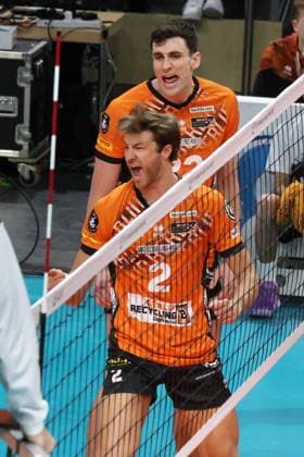 DEU, Champions League, BR Volleys vs , 12 11 2024, Max Schmeling Halle, Berlin, DEU, Champions League, BR Volleys vs Ljubljana in the picture Matthew Knigge BR Volleys 2 , Jake Hanes BR Volleys 22 Photo Juergen Engler nordphoto GmbH nordphotoxGmbHx xEngler nph00076