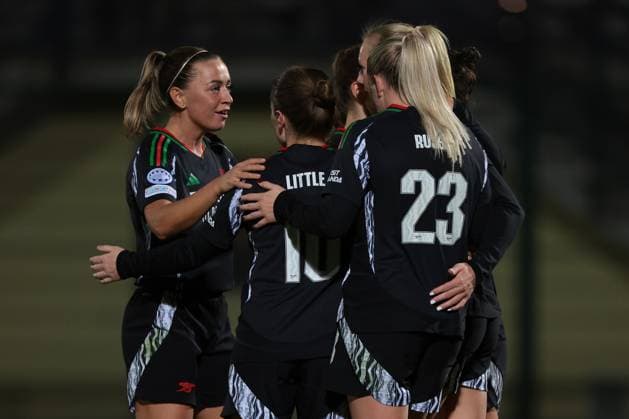 Biella, Italy, 12th November 2024. Stina Blackstenius of Arsenal celebrates with team mates after scoring to give the side a 2-0 lead during the UEFA Womens Champions League match at Stadio Vittorio Pozzo, Biella. Picture credit should read: Jonathan Moscrop Sportimage EDITORIAL USE ONLY. No use with unauthorised audio, video, data, fixture lists, club league logos or live services. Online in-match use limited to 120 images, no video emulation. No use in betting, games or single club league player publications. SPI-3451-0017