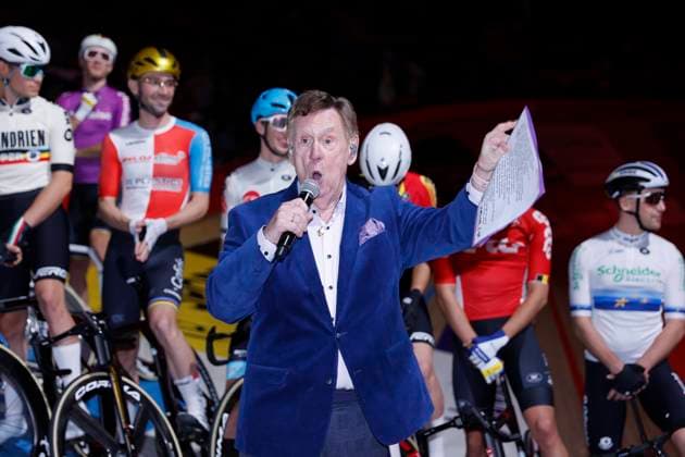 Lotto Six Days Flanders Ghent 2024 GENT, BELGIUM - NOVEMBER 12 : Riders sing with Koen Crucke pictured during the 83th edition of the Six Days of Flanders-Ghent. The Six Days of Ghent ( Zesdaagse van Gent in Dutch) is a cycling event on the Kuipke cycling track in the Citadel Park in Ghent. On November 12, 2024 in Gent, Belgium, 12 11 2024 Gent Belgium  Copyright: xJanxDexMeuleneirx