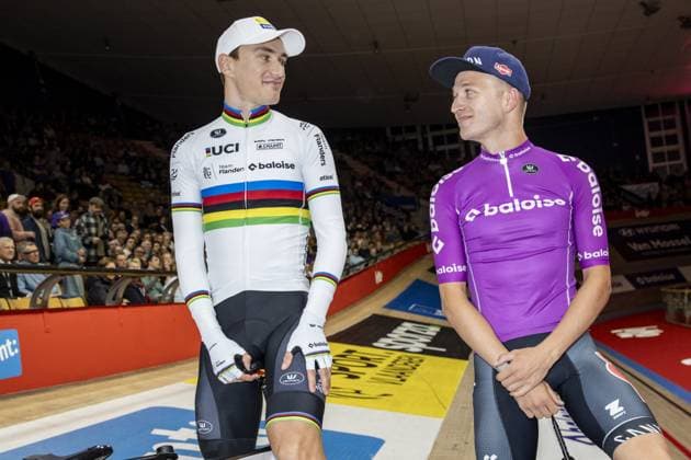 Belgian Lindsay De Vylder and Belgian Robbe Ghys pictured during the first day of the Zesdaagse Vlaanderen-Gent six-day indoor Track cycling, Rad, Radsport, Bahnrad, Bahn event at the indoor cycling arena t Kuipke, Tuesday 12 November 2024, in Gent. DAVIDxPINTENS  x105264095x