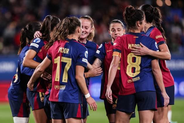 November 12, 2024, Sant Joan Despi, Barcelona, Spain: Claudia Pina of FC Barcelona, Barca Femenino celebrates a goal with her teammates during the UEFA Women s Champions League 2024 25 Group Stage MD3, football match played between FC Barcelona and SKN St. Polten at Johan Cruyff Stadium on November 12, 2024 in Sant Joan Despi, Spain. Sant Joan Despi Spain - ZUMAa181 20241112_zaa_a181_109 Copyright: xJavierxBorregox