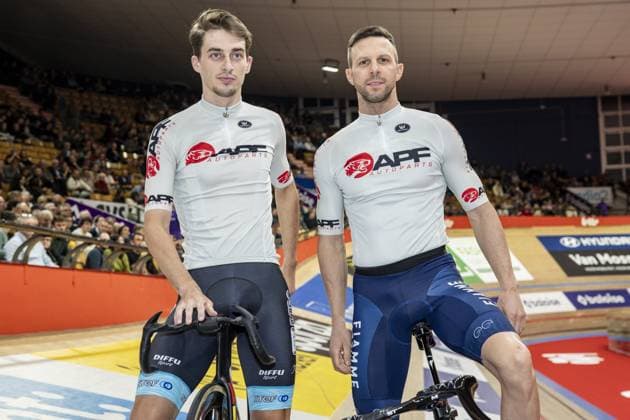 clement petit and Italian Michele Scartezzini pictured during the first day of the Zesdaagse Vlaanderen-Gent six-day indoor Track cycling, Rad, Radsport, Bahnrad, Bahn event at the indoor cycling arena t Kuipke, Tuesday 12 November 2024, in Gent. DAVIDxPINTENS  x105264404x