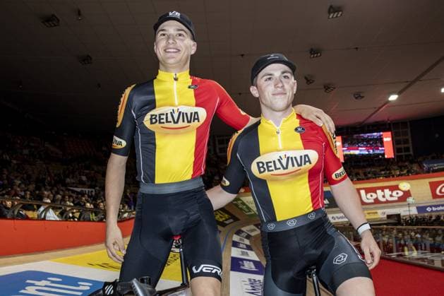 Belgian Matijs Van Strijthem and Belgian Nolan Huysmans pictured during the first day of the Zesdaagse Vlaanderen-Gent six-day indoor Track cycling, Rad, Radsport, Bahnrad, Bahn event at the indoor cycling arena t Kuipke, Tuesday 12 November 2024, in Gent. DAVIDxPINTENS  x105264406x