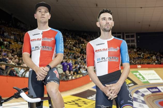 French Benjamin Thomas of Cofidis and Belgian Fabio Van Den Bossche pictured during the first day of the Zesdaagse Vlaanderen-Gent six-day indoor Track cycling, Rad, Radsport, Bahnrad, Bahn event at the indoor cycling arena t Kuipke, Tuesday 12 November 2024, in Gent. DAVIDxPINTENS  x105264420x