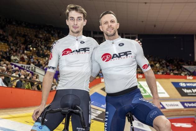 clement petit and Italian Michele Scartezzini pictured during the first day of the Zesdaagse Vlaanderen-Gent six-day indoor Track cycling, Rad, Radsport, Bahnrad, Bahn event at the indoor cycling arena t Kuipke, Tuesday 12 November 2024, in Gent. DAVIDxPINTENS  x105264425x