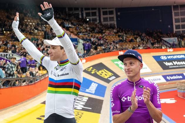Belgian Lindsay De Vylder and Belgian Robbe Ghys pictured before the first day of the Zesdaagse Vlaanderen-Gent six-day indoor Track cycling, Rad, Radsport, Bahnrad, Bahn event at the indoor cycling arena t Kuipke, Tuesday 12 November 2024, in Gent. WARDxVANDAEL  x105264660x