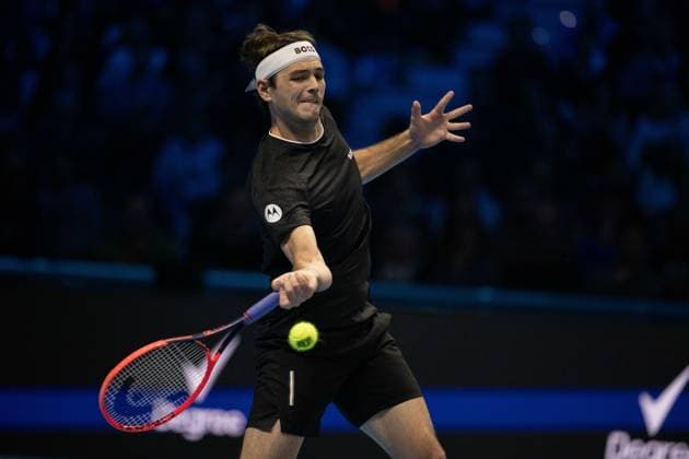 United States Taylor Fritz& xa0;returns the ball to Italy s Jannik Sinner during& xa0;their singles tennis match of the ATP, Tennis Herren World Tour Finals at the Inalpi Arena, in Turin, Italy - - Tuesday, November 12, 2024.  Copyright: xMarcoxAlpozzi LaPressex