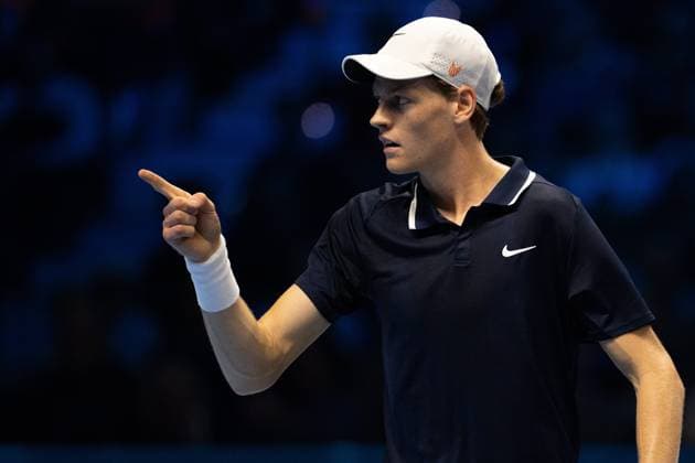 Italy s Jannik Sinner reacts during the singles tennis match of the ATP, Tennis Herren World Tour Finals against United States Taylor Fritz at the Inalpi Arena in Turin, Italy - - Tuesday, November 12, 2024.  Copyright: xMarcoxAlpozzi LaPressex