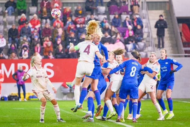Pernille Harder 21, FC Bayern München , Glodis Perla Viggosdottir 4, FC Bayern München , Linn Vickius 8, Valerenga IF , Linda Sembrant 2, FC Bayern München at the match FC Bayern München v Valerenga IF, Football, UEFA Women s Champions League 2024 2025, Matchday 3 on 12 11 2024 in Munich, FC Bayern Campus DFL and DFB regulations prohibit any use of photographs as image sequences and or quasi video Bayern Germany