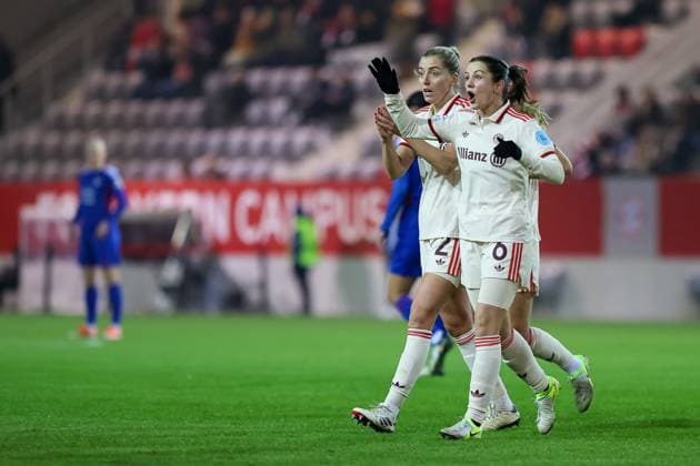 Pernille Harder FC Bayern Muenchen, 21 , Tuva Hansen FC Bayern Muenchen, 06 and Linda Sembrant FC Bayern Muenchen, 02 celebrate the 1 0 goal, FC Bayern Muenchen vs Valerenga IF, football, UEFA Women s Champions League, group round, match day 3, 2024 2025 season, 12 11 2024, FC Bayern Muenchen vs Valerenga IF, Football, UEFA Women s Champions League, group round, match day 3, 2024 2025 season, 12 11 2024 Muenchen Copyright: xEibner-Pressefoto JennixMaulx EP_JML
