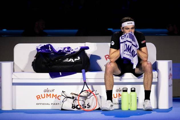United States Taylor Fritz reacts during the singles tennis match of the ATP, Tennis Herren World Tour Finals against Italy s Jannik Sinner at the Inalpi Arena in Turin, Italy - - Tuesday, November 12, 2024.  Copyright: xMarcoxAlpozzi LaPressex