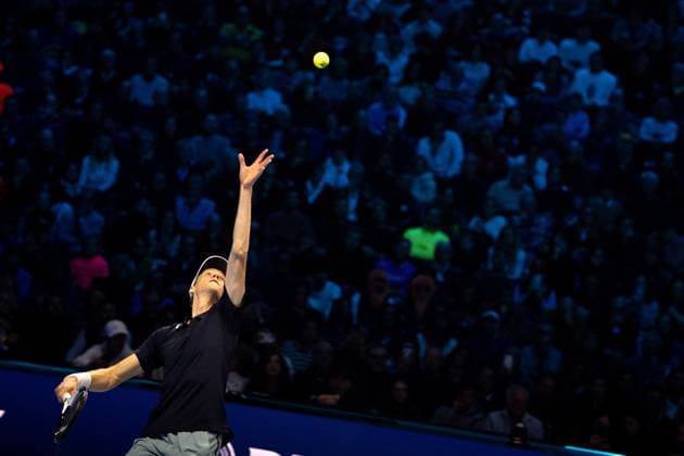 Italy s Jannik Sinner& xa0;serves to United States Taylor Fritz& xa0; during the singles tennis match of the ATP, Tennis Herren World Tour Finals at the Inalpi Arena in Turin, Italy - - Tuesday, November 12, 2024.  Copyright: xMarcoxAlpozzi LaPressex