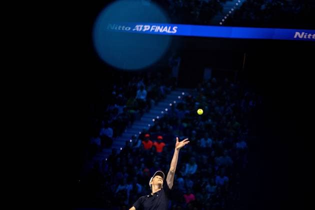 Italy s Jannik Sinner& xa0;serves to United States Taylor Fritz& xa0; during the singles tennis match of the ATP, Tennis Herren World Tour Finals at the Inalpi Arena in Turin, Italy - - Tuesday, November 12, 2024.  Copyright: xMarcoxAlpozzi LaPressex