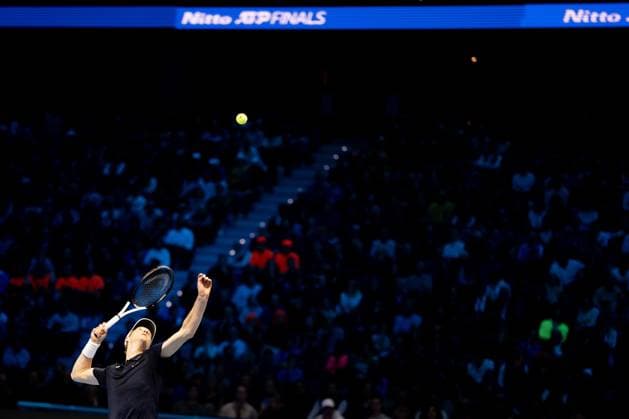Italy s Jannik Sinner& xa0;serves to United States Taylor Fritz& xa0; during the singles tennis match of the ATP, Tennis Herren World Tour Finals at the Inalpi Arena in Turin, Italy - - Tuesday, November 12, 2024.  Copyright: xMarcoxAlpozzi LaPressex