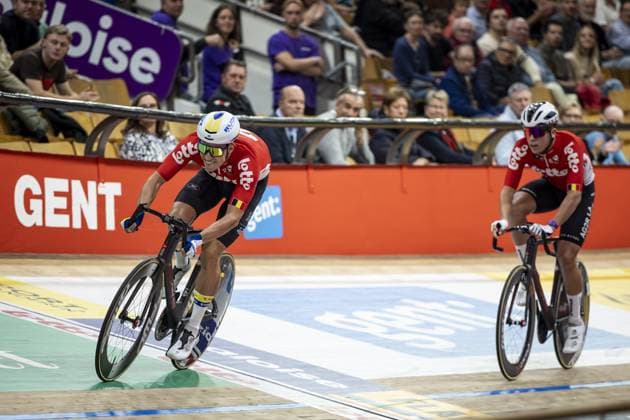 Belgian Noah Vandenbranden pictured in action during the first day of the Zesdaagse Vlaanderen-Gent six-day indoor Track cycling, Rad, Radsport, Bahnrad, Bahn event at the indoor cycling arena t Kuipke, Tuesday 12 November 2024, in Gent. DAVIDxPINTENS  x105267638x
