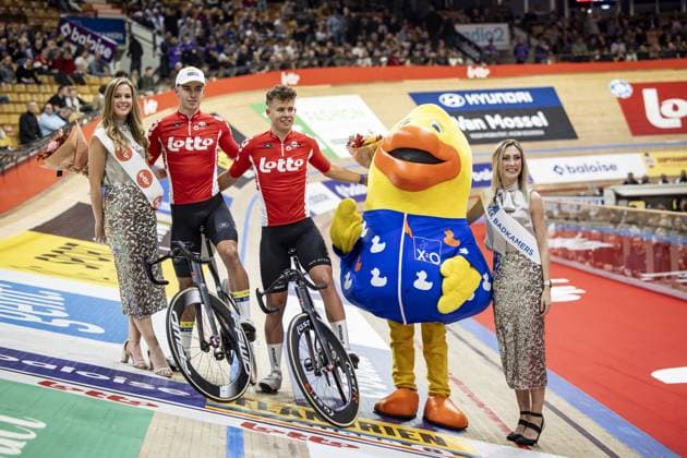Belgian Noah Vandenbranden and Belgian Gianluca Pollefliet pictured during the first day of the Zesdaagse Vlaanderen-Gent six-day indoor Track cycling, Rad, Radsport, Bahnrad, Bahn event at the indoor cycling arena t Kuipke, Tuesday 12 November 2024, in Gent. DAVIDxPINTENS  x105267911x