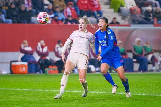 Giulia Gwinn 7, FC Bayern Munich and Ylinn Tennebö 15, Valerenga IF at the match FC Bayern Munich v Valerenga IF, Football, UEFA Women s Champions League 2024 2025, Matchday 3 on 12 11 2024 in Munich, FC Bayern Campus DFL and DFB regulations prohibit any use of photographs as image sequences and or quasi video Bayern Germany