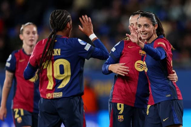 Barcelona, Spain, November 12th 2024: Aitana Bonmati (14 FC Barcelona, Barca celebrates after scoring with Claudia Pina (9 FC Barcelona) and Vicky Lopez (19 FC Barcelona) during the UEFA Womens Champions League football match between FC Barcelona and SKN St Polten at the Johan Cruyff Stadium in Barcelona, Spain (Judit Cartiel SPP) Copyright: xJuditxCartiel SPPx spp-en-JuCa-JUCA0419