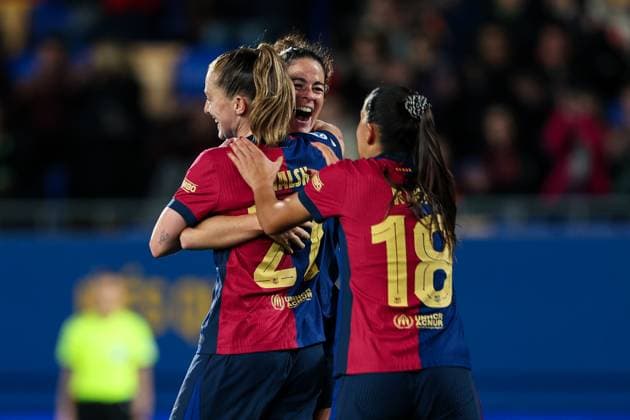 Barcelona, Spain, November 12th 2024: Keira Walsh (21 FC Barcelona, Barca celebrates after scoring with Marta Torrejon (8 FC Barcelona) and Francisca Nazareth Kika (18 FC Barcelona) during the UEFA Womens Champions League football match between FC Barcelona and SKN St Polten at the Johan Cruyff Stadium in Barcelona, Spain (Judit Cartiel SPP) Copyright: xJuditxCartiel SPPx spp-en-JuCa-JUCA0488