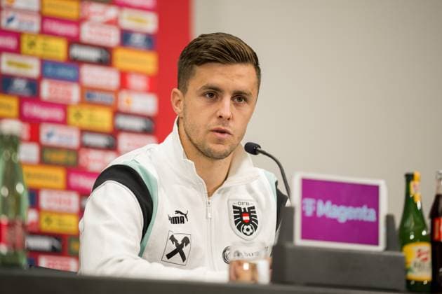 SOCCER - NL, KAZ vs AUT, preview VIENNA,AUSTRIA,13.NOV.24 - SOCCER - UEFA Nations League, OEFB international match, Länderspiel, Nationalmannschaft Kazakhstan vs Austria, preview, press conference, PK, Pressekonferenz Team AUT. Image shows Christoph Baumgartner (AUT).  GEPAxpictures xJohannesxFriedl