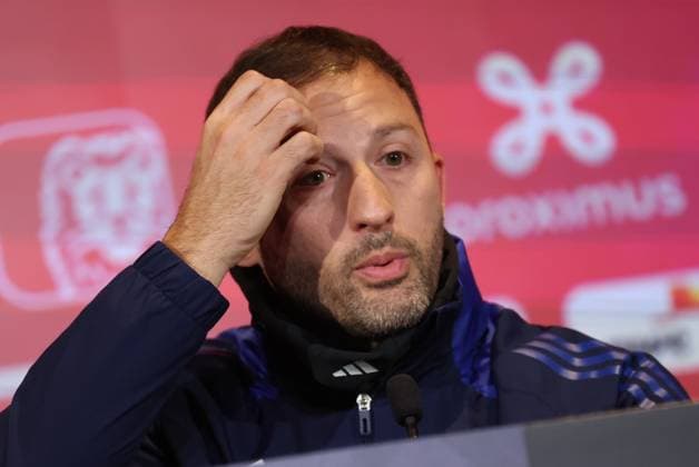 Belgium s head coach Domenico Tedesco pictured during a press conference, PK, Pressekonferenz of Belgian national soccer team Red Devils, ahead of tomorrow game against Italy in the Nations League group phase, Wednesday 13 November 2024 in Tubize. VIRGINIExLEFOUR  x105306857x