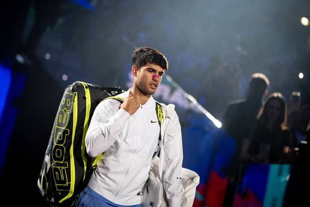 Spain s Carlos Alcaraz befeore the singles tennis match of the ATP, Tennis Herren World Tour Finals against Russia s Andrey RublevÊÊat the Inalpi Arena in Turin, Italy - - Wednesday, November 13, 2024.  Copyright: xMarcoxAlpozzi LaPressex