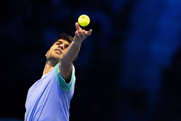 Spain s Carlos Alcaraz serves Russia s Andrey Rublev to during the singles tennis match of the ATP, Tennis Herren World Tour Finals at the Inalpi Arena in Turin, Italy - - Tuesday, November 12, 2024.  Copyright: xMarcoxAlpozzi LaPressex
