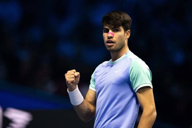 Spain s Carlos Alcaraz react during the singles tennis match of the ATP, Tennis Herren World Tour Finals against Russia s Andrey Rublev& xa0;& xa0;at the Inalpi Arena in Turin, Italy - - Wednesday, November 13, 2024.  Copyright: xMarcoxAlpozzi LaPressex