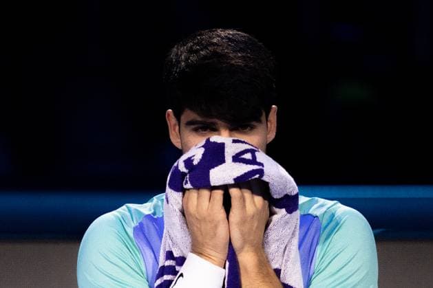 Spain s Carlos Alcaraz react during the singles tennis match of the ATP, Tennis Herren World Tour Finals against Russia s Andrey Rublev& xa0;& xa0;at the Inalpi Arena in Turin, Italy - - Wednesday, November 13, 2024.  Copyright: xMarcoxAlpozzi LaPressex