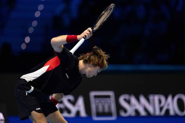 Russia s Andrey Rublev& xa0;react during the singles tennis match of the ATP, Tennis Herren World Tour Finals against Spain s Carlos Alcaraz& xa0;at the Inalpi Arena in Turin, Italy - - Wednesday, November 13, 2024.  Copyright: xMarcoxAlpozzi LaPressex