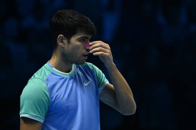 Foto IPP Massimo Rana Torino 13-11-2024 Tennis ATP, Tennis Herren Finals 2024 nella foto carlos Alcaraz con un cerotto sul naso Italy Photo Press - World Copyright italy  Copyright: xR4924_italyphotopressx