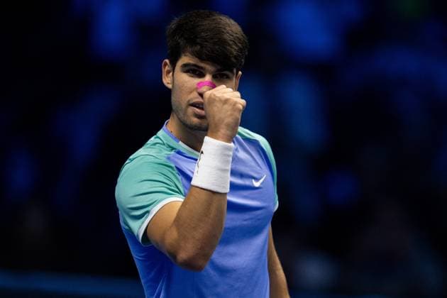 Spain s Carlos Alcaraz react after winning the singles tennis match of the ATP, Tennis Herren World Tour Finals against Russia s Andrey Rublev& xa0;& xa0;at the Inalpi Arena in Turin, Italy - - Wednesday, November 13, 2024.  Copyright: xMarcoxAlpozzi LaPressex