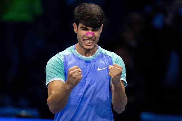 Spain s Carlos Alcaraz react after winning the singles tennis match of the ATP, Tennis Herren World Tour Finals against Russia s Andrey Rublev& xa0;& xa0;at the Inalpi Arena in Turin, Italy - - Wednesday, November 13, 2024.  Copyright: xMarcoxAlpozzi LaPressex