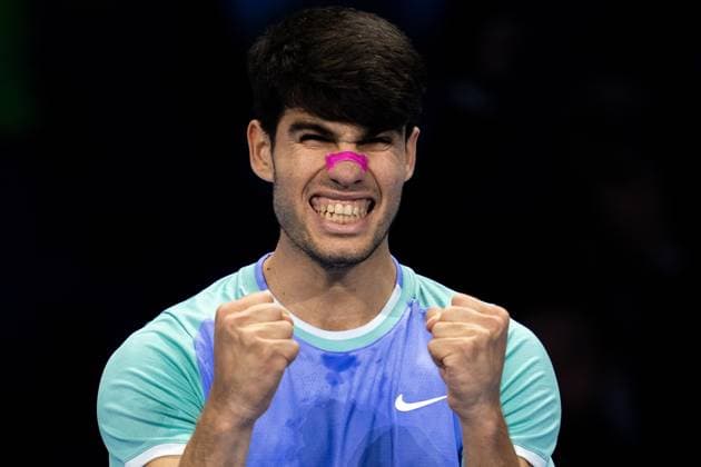 Sport Bilder des Tages Spain s Carlos Alcaraz react after winning the singles tennis match of the ATP, Tennis Herren World Tour Finals against Russia s Andrey Rublev& xa0;& xa0;at the Inalpi Arena in Turin, Italy - - Wednesday, November 13, 2024.  Copyright: xMarcoxAlpozzi LaPressex