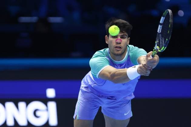 Carlos Alcaraz (Spain) controls the ball, Day 4, Nitto ATP, Tennis Herren Finals 2024, INALPI Arena, November 13, 2024, Turin, Italy.
