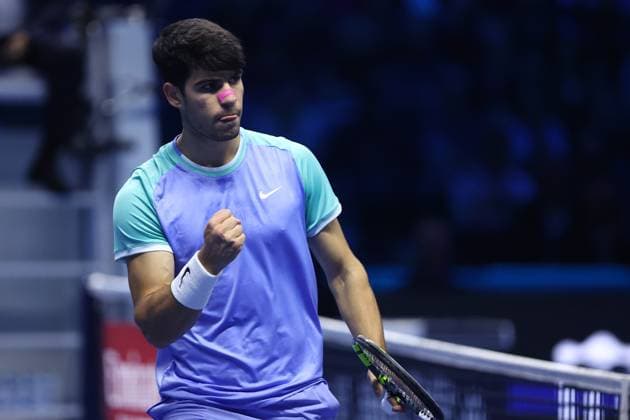 Carlos Alcaraz (Spain) celebrates, Day 4, Nitto ATP, Tennis Herren Finals 2024, INALPI Arena, November 13, 2024, Turin, Italy.